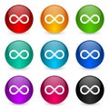 Infinity, eternity, infinite, endless, loop icon set, colorful glossy 3d rendering ball buttons in 9 color options for webdesign