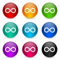 Infinity, eternity, infinite, endless, loop icon set, colorful glossy 3d rendering ball buttons in 9 color options for webdesign