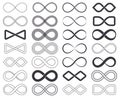 Infinity eternity unlimited symbols, limitless cyclical emblems. Outline infinity signs, unlimited eternity loop vector