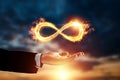 Infinity fire sign over hand of businessman on sunset background