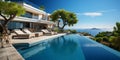 Infinity pool in luxury villa on the sea. 3d rendering. ia generated Royalty Free Stock Photo