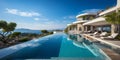 Infinity pool in luxury villa on the sea. 3d rendering. ia generated Royalty Free Stock Photo