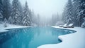 Infinity pool surrounded by snow covered pine forest. Blue water contrasts with white snow and trees. Two lounge chairs wait by Royalty Free Stock Photo
