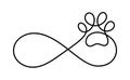 Infinity sign with cat or dog paw in continuous one line drawing logo. Minimal line art. Animal foorprint in heart. Pet Royalty Free Stock Photo