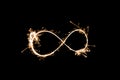 Infinity sign made with sparkler starlight dark black background bright warm isolated