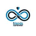 Infinity sign with two hands touching each other, infinite friendship concept, forever friends vector creative logo.