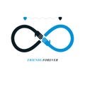 Infinity sign with two hands touching each other, infinite friendship concept, forever friends vector creative logo.