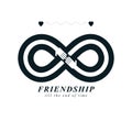 Infinity sign with two hands touching each other, infinite friendship concept, forever friends vector creative logo.