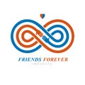 Infinity sign with two hands touching each other, infinite friendship concept, forever friends vector creative logo.