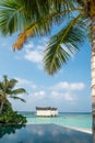 Infinity swimming pool vertical landscape with ocean and tropical beach view Royalty Free Stock Photo