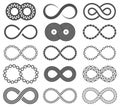 Infinity symbols. Mobius loop shape, unlimited and forever signs. Abstract motion, identity and eight shaped isolated