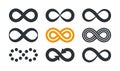 Infinity symbols. Repetition and unlimited cyclicity in different style isolated on white background. Royalty Free Stock Photo