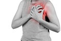 Inflammation colored in red suffering. woman clutching his chest from acute pain, Heart attack symptom.