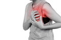Inflammation colored in red suffering. woman clutching his chest from acute pain, Heart attack symptom.