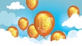 Bitcoin price up. Gold balloons with a sign Bitcoin rise above the clouds. Cryptocurrency vector illustration. Financial