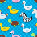 Inflatable animal rubber toys in swimming pool. Swim float rings summer vector seamless pattern Royalty Free Stock Photo