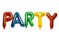 Inflatable balloons of colored foil in the form of letters. Multicolored inscription party isolated on white background