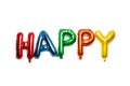 Balloons made of colored foil in the form of letters. Multicolored inscription happy isolated on white background