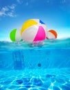 Inflatable balls float in water, split underwater pool image