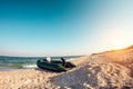 Inflatable boat on the beach. Royalty Free Stock Photo