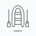 Inflatable boat flat line icon. Vector outline illustration of fishing dingy, water transportation with paddle thin