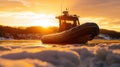 Inflatable Boat on Frozen River at Sunset. Generative ai Royalty Free Stock Photo