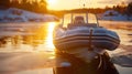 Inflatable Boat on Frozen River at Sunset. Generative ai Royalty Free Stock Photo