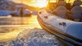 Inflatable Boat on Frozen River at Sunset. Generative ai Royalty Free Stock Photo