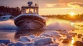 Inflatable Boat on Frozen River at Sunset. Generative ai Royalty Free Stock Photo