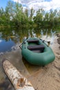 Inflatable boat on lake shore in summer forest Royalty Free Stock Photo