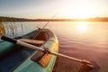 Inflatable boat on the lake at sunrise. Fishing hobby vacation concept. Copy space