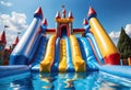 Inflatable bounce castle playground with slide and pool in a water park. Generative AI