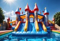 Inflatable bounce castle playground with slide and pool in a water park. Generative AI