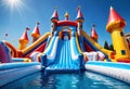 Inflatable bounce castle playground with slide and pool in a water park. Generative AI