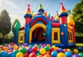 Inflatable castle full of colored balls for children to jump. Generative AI