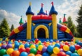 Inflatable castle full of colored balls for children to jump. Generative AI