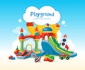 Inflatable castles and childrens hills on playground