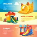 Inflatable castles and childrens hills on playground