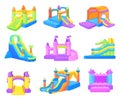 Inflatable castles. Inflated castle and air bouncy slides for kids park, rubber playgrounds child game bounce in house