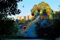 Children`s inflatable attraction in the form of a chameleon in the Park of Odessa.
