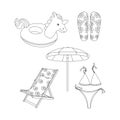 Inflatable circle in the shape of a unicorn, slippers, flip-flops, the swimsuit is separate, beach chair, sunbed, umbrella. Line