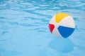 Inflatable colorful beach ball floating on water in swimming pool, space for text Royalty Free Stock Photo