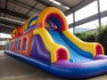 Inflatable colorful bounce house water slide in the backyard