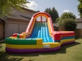 Inflatable colorful bounce house water slide in the backyard