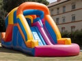 Inflatable colorful bounce house water slide in the backyard