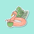 Inflatable cute pool toy. Rubber inflatable flamingo drinks cocktail. Cartoon style drawing.