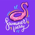 Inflatable flamingo illustration and Summer party hand drawn vector lettering Royalty Free Stock Photo