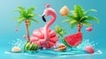 Inflatable flamingo toy, watermelon, palm trees, shells, water splash modern realistic elements for summer vacation.