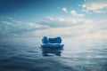 Inflatable floating in the open sea, moody weather, dark clouds sunset. Generative ai Royalty Free Stock Photo