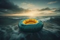 Inflatable floating in the open sea, moody weather, dark clouds sunset. Generative ai Royalty Free Stock Photo